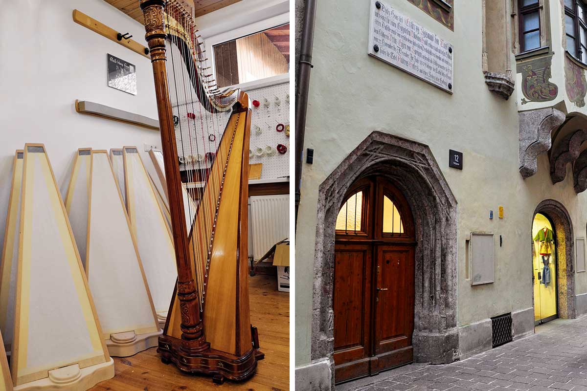 Zwei Orte, die man gesehen haben muss: Harfenbauer in Münster (links), Flüsterbogen in der Innsbrucker Altstadt (rechts). 