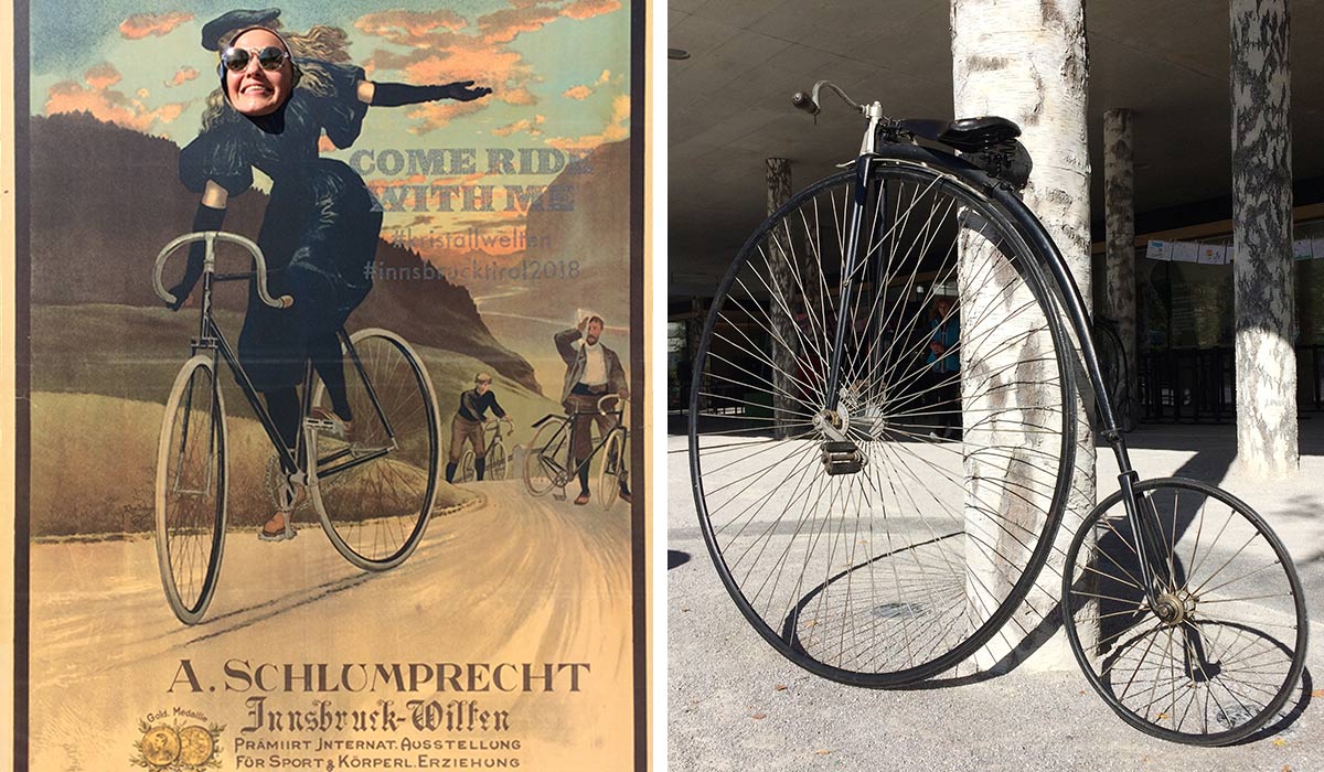 Fotowand und historisches Fahrrad