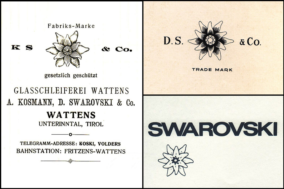 Verschiedene Versionen des Edelweiss als Markenzeichen von Swarovski, ca. 1899 bis ca. 1980, © Swarovski Corporate Archive